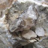 12 cm. quartz with a smaller friend, rests on an eatched calcite crystal and quartz druze. (Author: vic rzonca)