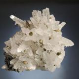 Quartz
Kruchev dol Mine, Madan District, Smolyan Oblast, Bulgaria
7.1 x 8.3 cm.
Quartz crystals to 4.0 cm. with a second generation of smaller crystals arising from the prism faces, with chalcopyrite and sphalerite. Mined in 2008. (Author: crosstimber)