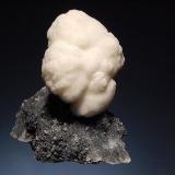 Calcite
Herja Mine, Baia Mare, Maramures Romania
5.5 x 6.5 cm.
Single creamy-white calcite on drusy quartz encrusting black sphalerite. From a unique pocket in the orebody mined in summer 2004. (Author: crosstimber)