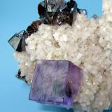 Fluorite, sphalerite, dolomite.
Elmwood Mine, Carthage, Smith County, Tennessee, USA
90 mm x 60 mm x 52 mm

Close-up view

Note that a sphalerite crystal is enclosed into the fluorite (Author: Carles Millan)