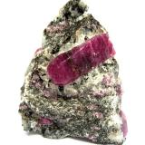 Corundum var. Ruby
Mysore District, Karnataka, India
Specimen height 5 cm, large ruby crystal 2,5 cm (Author: Tobi)
