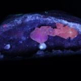 Calcita y Okenita en Cuarzo amatista - Fluorescente
Pune, Maharahstra, India.
13 x 7 x 5 cm
Luz UV onda corta (Autor: Daniel C.M.)