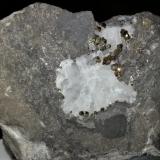 Pirita, Calcita
Duff Quarry - Huntsville - Logan Co. - Ohio - USA
7 x 5 x 2 cm
Pieza muy interesante en la cristalización de la Pirita es muy buena y, pese a que los cristales son muy, muy pequeños (el más grande tiene un diámetro de unos 2 mm), creo que es una pieza muy bonita e interesante. (Autor: Celso)