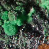 Adamite.
Driggith Mine, Caldbeck Fells, Cumbria, UK.
Field of view 4 mm. Specimen 27 mm.
 (Author: Ru Smith)