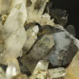 Quartz, sphalerite, pyrite.
Harding Vein, Carrock Mine, Caldbeck Fells, Cumbria, UK.
15 cm specimen, quartz to 3 cm, sphalerite to 2 cm. (Author: Ru Smith)