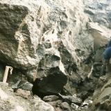 Sgurr nam Boc, Isle of Skye, Scotland, UK
Breaking into a large stilbite cavity with lumphammer and chisels.
Scanned photo (Author: Mike Wood)