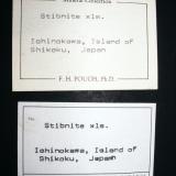 Stibnite
Ichinokawa mine, Saijo City, Ehime Prefecture, Shikoku Island, Japan
11.7 cm tall
Labels from Dr. Frederick H. Pough and William W. Pinch (Author: Tim Blackwood)