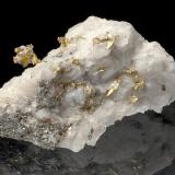 Calaverite, Gold
Calaveras County, California, USA
3,7x2x2 cm
Pale yellow, small, striated Calaverite crystals with intense yellow Gold in compact Quartz matrix. Interesting specimen, ex Eugene Carmichael Collection. (Author: Simone Citon)