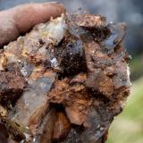 feldspar and smoky quartz
Near Revlstoke BC Canada
2 inches by 3 inches
smoky quartz and feldspar crystals from a pocket zone in the new pegmatite I found (Author: thecrystalfinder)