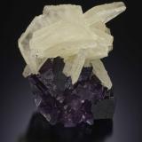 calcite on fluorite
Mina El Tule, Melchor Muzquiz, Coahuila, Mexico
9 x 8 x 7 cm
Twinned platy calcite on dark purple petroliferous fluorite.
Peter Megaw specimen, Jeff Scovil photograph (Author: Peter Megaw)