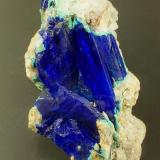 Linarite with cerussite and ? antlerite. ex Wards, ex Carlton Davis (1920-2003), ex Lavinsky, ex McAvoy.
Caldbeck Fells, Cumbria, England, UK.
Crystals to 16 mm in 29 mm specimen. (Author: Ru Smith)