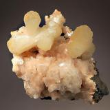 Stilbite
Pune District, Maharastra, India
7.1 x 9.0 cm.
Pale tan stilbite bowties to 4.1 cm on lustrous pink heulandite. (Author: crosstimber)