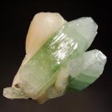 Apophyllite-(KF)
Nasik District, Maharashtra, India
6.5 x 8.5 cm.
Glassy-lustered, prisms of apophyllite to 7.0 cm with central green zones and colorless terminations flanked by pale tan stilbite crystals. (Author: crosstimber)