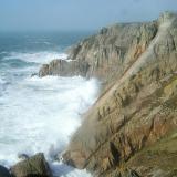 ’Devil’s Slide’ - Lundy Island’s most famous rock climb goes up the inclined slab of granite; the climb is approx. 400ft (120m). On this day the wind was near hurricane force, and the waves were enormous - so unsurprisingly we didn’t climb it ! (Author: Mike Wood)