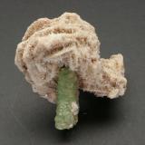 Calcite on prehnite with datolite
Lane Quarry, Hampden County, Massachusetts, USA
9 x9 cm.
A calcite chapeau on a prehnite stalactite. (Author: vic rzonca)