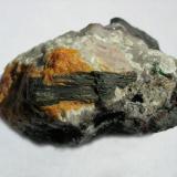 Chloroxiphite
Torr Works Quarry, Cranmore, Somerset, England, UK
25mm blade of green chloroxiphite in orange mereheadite with pale pink mendipite (Author: ian jones)