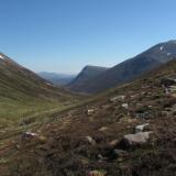 On my way back to my bivi place, crossing the Lairig Ghru for the second time. At least the cloud has gone, revealing a much greener vista, looking south down the valley where the river Dee flows. (Author: Mike Wood)