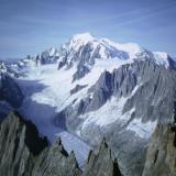 Another photo taken from ~ 4,000m on Aiguille Verte, showing the top of Aiguille du Moine and in the distance Mont-Blanc herself (4808m).
Photo taken August 1992 - scanned from slide. (Author: Mike Wood)