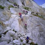 Then you have to descend these steel ladders to get to the glacier (there are two sets of parallel ladders these days).
Photo scanned from slide. (Author: Mike Wood)