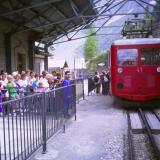 From Chamonix I got the train to Montenvers, which is by far the easiest way to get to the Mer de Glace; which I needed to walk along to get to the Aiguille du Moine. It’s a very popular spot for visiting tourists and climbers passing through..
Photo scanned from slide. (Author: Mike Wood)