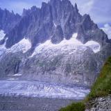 Just one more photo then - from the path down from the Courvercle Hut to the Mer de Glace, looking across to the &rsquo;Chamonix Aiguilles&rsquo;.
Photo scanned from slide. (Author: Mike Wood)