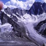 Grandes Jorasses(4208m) and the Glacier de Leschaux, from the summit of Aiguille du Moine(3412m).
Photo scanned from slide.
Photo taken August 1991, scanned from slide. (Author: Mike Wood)