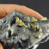 Calcopirita, Calcita, Boulangerita
Zimapán, Hidalgo, México
10.5 x 8.5 x 4.8 cm
Calcopirita con forma piramidal, sobre calcita negra. El color de la calcita es debido a que creció sobre cristales de boulangerita, estos últimos observables a través de la calcita. (Autor: Ricardo Melendez)