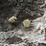 Calcite
Biod a’ Mhurain, Duirinish, Isle of Skye, Scotland
Crystalgroups approx 6cm across
Calcite crystals in-situ, about 6m above the ground and out of reach! (Author: Mike Wood)