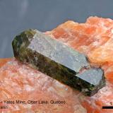 Apatite
Yates Mine, Otter Lake, Quebec
4 cm
in orange calcite (Author: Roger Warin)