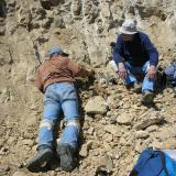 A prone Scott Werschky and John White tag teaming a pocket with quartz crystals. (Author: Tony L. Potucek)