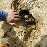 Another exposed quartz pocket.  Once surrounding granitics were pulled back, these pockets could be detected by gray to brown to blackish clay containing quartz shards.  Probing with wooden chopsticks was key to extracting specimens with no or little damage.  However, some pockets were totally crushed by tectonic activity prior to collector activity. (Author: Tony L. Potucek)