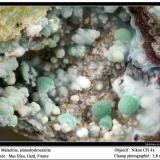 Malachite, alumohydrocalcite
Alzon, Gard, Languedoc-Roussillon, France
fov 3.8 mm (Author: ploum)