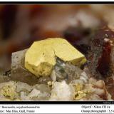Bournonite, oxyplumboromerite
Mas Dieu, Mercoirol, Gard, Languedoc-Roussillon, France
fov 3.5 mm (Author: ploum)