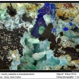 Azurite, alumohydrocalcite, malachite
Alzon, Gard, Languedoc-Roussillon, France
fov 3.5 mm (Author: ploum)