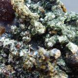 Granate, Anfíbol (variedad uralita), Magnetita, Calcita, PiritaMilucha Mine, Palombatos, Burguillos del Cerro, Comarca Zafra-Río Bodión, Badajoz, Extremadura, Spain4 x 3 cm. (Autor: javier ruiz martin)
