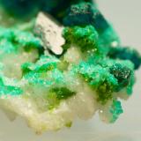Dioptase, calcite and duftite.
Tsumeb, Namibia
Field of view, approx. 11 mm
Same specimen as above. (Author: Pierre Joubert)