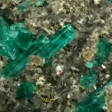 Beryl (variety emerald), Calcite, Pyrite, Albite<br />Muzo mining district, Western Emerald Belt, Boyacá Department, Colombia<br />Detail - FOV=4cm<br /> (Author: Fiebre Verde)