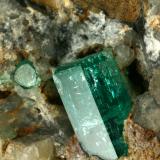 Beryl (variety emerald), Calcite<br />La Pita mining district, Cunas Mine, Municipio Maripí, Western Emerald Belt, Boyacá Department, Colombia<br />Detail - xl length=14mm<br /> (Author: Fiebre Verde)