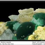 Mimetite and Malachite<br />Mas Dieu, Mercoirol, Alès, Gard, Occitanie, France<br />fov 3 mm<br /> (Author: ploum)