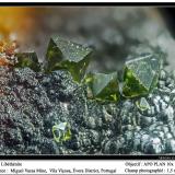 Libethenite<br />Miguel Vacas Mine, Pardais and Conceição Parish, Vila Viçosa, Évora District, Alentejo Central Province, Alentejo Region, Portugal<br />fov 1.5 mm<br /> (Author: ploum)