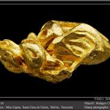 Gold<br />Zapata claims, Icabarú river placers, Santa Elena de Uairén, Gran Sabana, Bolívar State, Venezuela<br />fov 13 mm<br /> (Author: ploum)