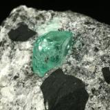 Beryl (variety emerald), Calcite, Pyrite<br />Muzo mining district, La Pava Mine, Quípama, Municipio Muzo, Western Emerald Belt, Boyacá Department, Colombia<br />xl=7mm<br /> (Author: Fiebre Verde)