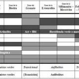 _Cambios mineralógicos progresivos de las metabasitas en el metamorfismo regional de relación P/T media
El diagrama muestra los rangos de grado metamórfico donde ocurren los distintos minerales, pero no prescribe las asociaciones minerales que refleja.  Tomado de Miyashiro, op. cit.  Color negro = mineral presente; color gris = mineral posible; color blanco = mineral ausente. (Autor: prcantos)