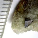 Carbonatita con cristal negro de latrappita (otra vista más)
Oka, Québec (Canadá)
El cristal cúbico está implantado en la matriz de calcita; junto a él, a la derecha, de aprecia el lugar ocupado por un cristal similar desaparecido. (Autor: prcantos)