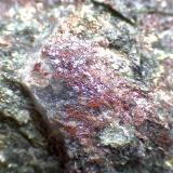 Esquisto con glaucofana
Isla de Anglesey, Gales, Reino Unido
70X
Detalle del mineral rojo que salpica las muestras anteriores.  No lo tengo identificado, pero supongo que podría ser zoisita. (Autor: prcantos)