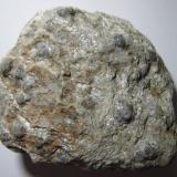 Micaesquisto con granate
Río Sucio, Órgiva, Granada, Andalucía, España
5&rsquo;5 x 4&rsquo;5 cm.
Un micaesquisto granatífero "de colores claros, debido a la falta de grafito, y tonalidades predominantes verdosas, debido a la presencia de anfíbol y/o clorita en estas rocas.  Se trata de micaesquistos feldespático-epidóticos con granate, anfíbol y/o clorita" (p. 8). (Autor: prcantos)