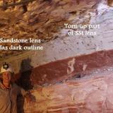 Photo 1. Note that a 1.5 metre chunk of a thin sandstone lens just below the hanging wall has been picked by a thrust fault and dragged along to be placed over the right hand continuation of the lens. And mining maiden takes a well-earned break. (Author: crocoite)