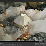 Pyrite on Calcite<br />Aigue Bonne Quarry, Saint Raphael, Draguignan, Var, Provence-Alpes-Côte d'Azur, France<br />fov 12 mm<br /> (Author: ploum)