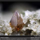 Anatase on AdulariaMacizo La Lauzière, Saint-Jean-de-Maurienne, Saboya, Auvergne-Rhône-Alpes, Franciafov 4.5 mm (Author: ploum)