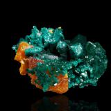 Dioptase on Wulfenite and with Azurite<br />M'Fouati, M'Fouati District, Bouenza Department, Republic of the Congo<br />4.0 x 4.0 x 5.0 cm<br /> (Author: MIM Museum)